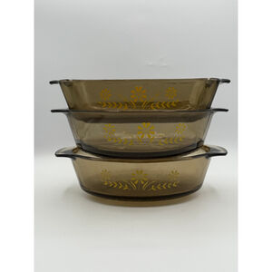 Vintage Glasbake Amber Bakeware Set Yellow Daisy – Round, Oblong & Loaf